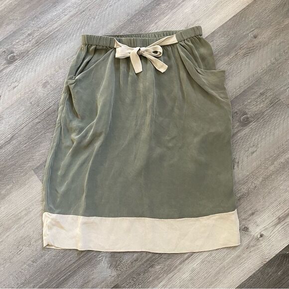 Lafayette 148 Skirt 100% Silk Olive Taupe Pockets Elastic Waist - Picture 2 of 11